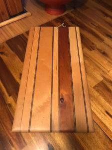 Maple, Walnut, Padauk Cutting Board with leather hanging cord